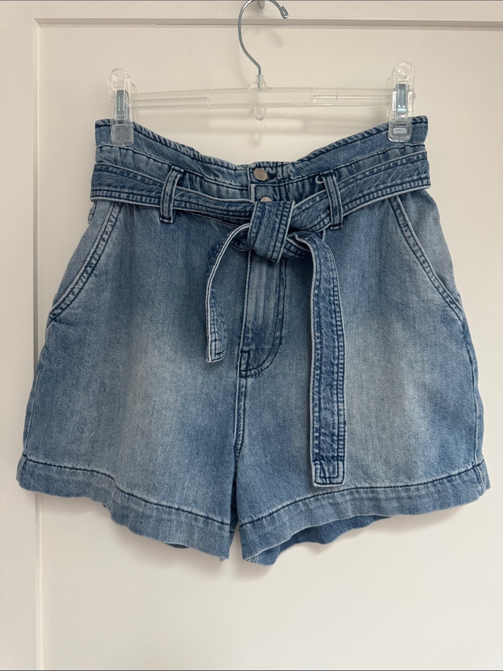 ba&sh | Washed Blue Paperbag Tie-Waist Denim Shorts